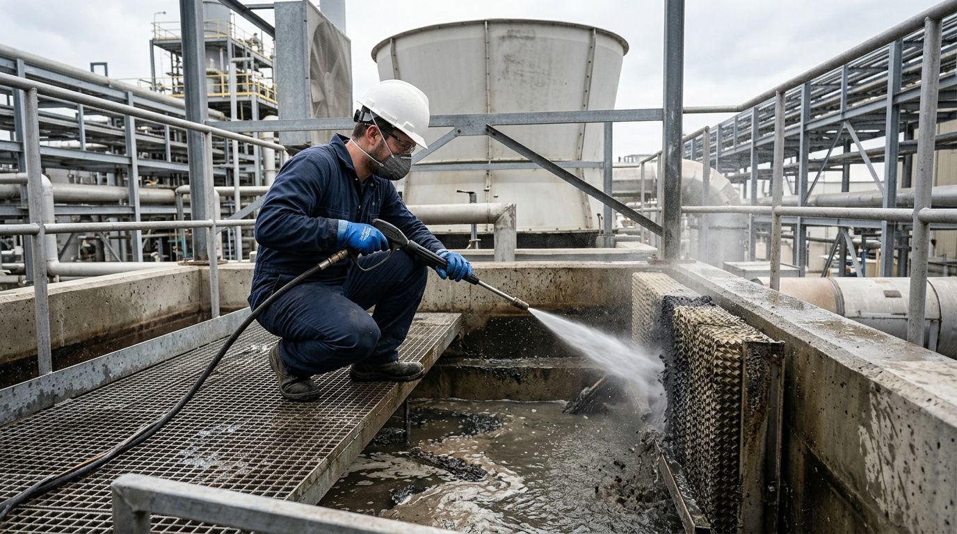 Técnico con casco y mascarilla limpiando con agua a presión el relleno y la bandeja de una torre de enfriamiento