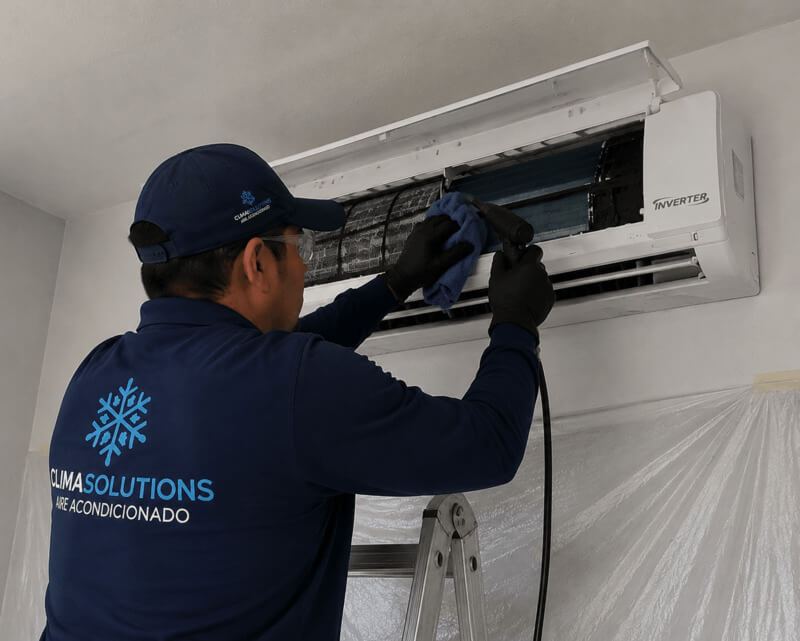 Técnico realizando mantenimiento preventivo de aire acondicionado en Guayaquil