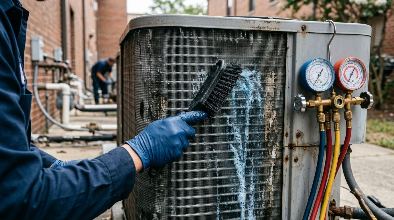 Técnico limpiando el serpentín de la unidad exterior de un aire acondicionado comercial, con manómetros de gas conectados