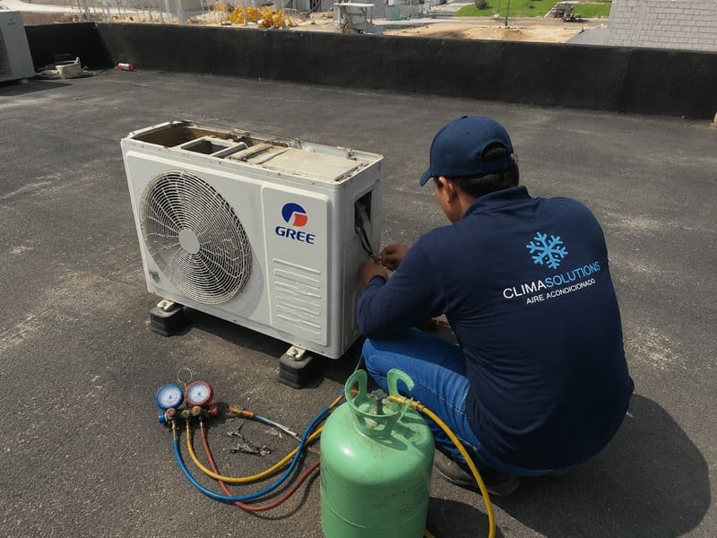 Técnico reparando aire acondicionado a domicilio en urbanización