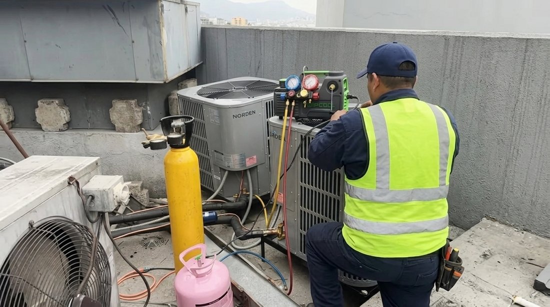 Técnico revisando presión de gas refrigerante con manómetros en equipo de aire acondicionado